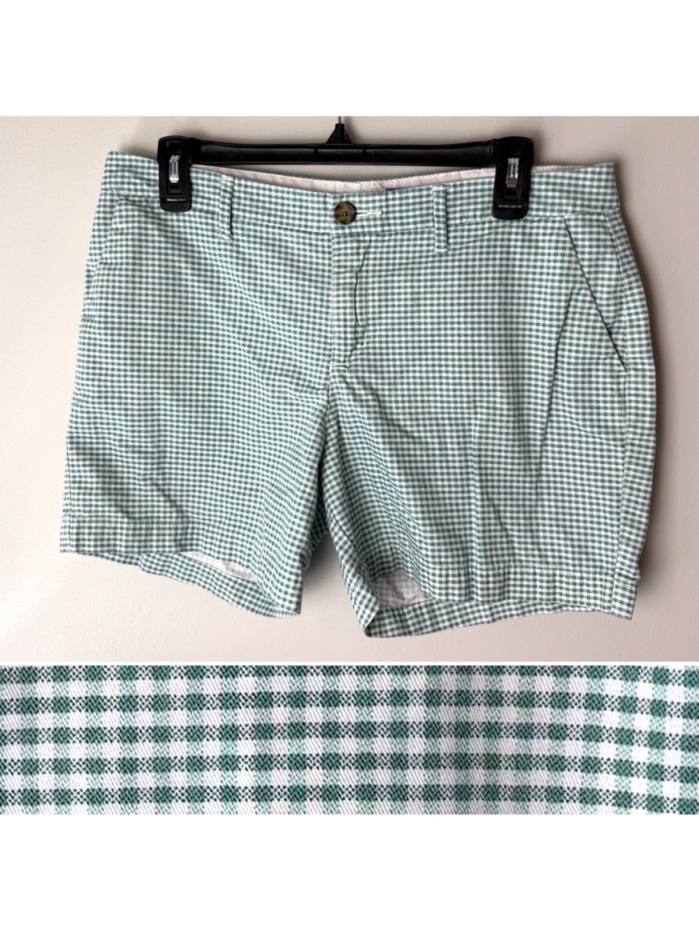 Old Navy Everyday Shorts Size 8 Green White Gingham Check 100% Cotton 5" Inseam